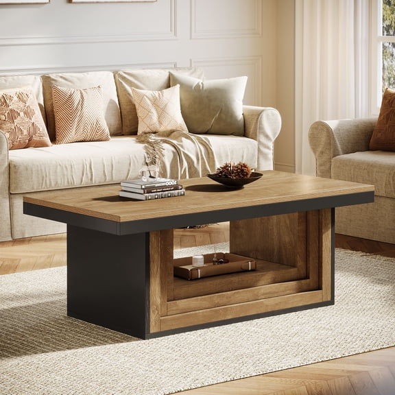Tribesigns 47-Inch Rectangle Coffee Table with Storage Shelf, Farmhouse Center Tablefor Living Room, Brown and Black