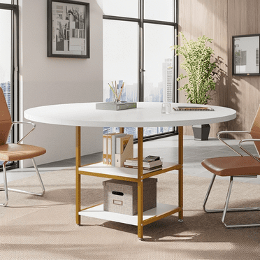 Tribesigns 47-Inch Round Conference Table for 4-6 People, Wood Meeting Room Table with Storage Shelf and Metal Legs, Modern Office Training Desk for Conference Room Seminar Room (White Gold)