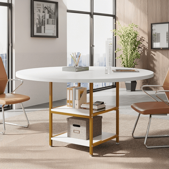 Tribesigns 47-Inch Round Conference Table for 4-6 People, Wood Meeting Room Table with Storage Shelf and Metal Legs, Modern Office Training Desk for Conference Room Seminar Room (White Gold)