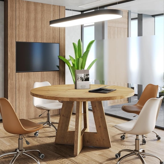 Tribesigns 47-Inch Round Conference Table for 4-6, Solid Wood Office Table with Sturdy Pedestal Base, Farmhouse Wooden Meeting Table for Small Space, Natural Wood