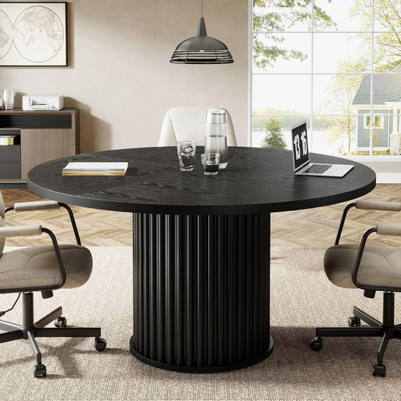 Tribesigns 47-Inch Round Conference Table, Black Wooden Meeting Table for 4-6 People, Small Office Desk with Sturdy Metal Base, Perfect for Conference Room or Small Workspaces