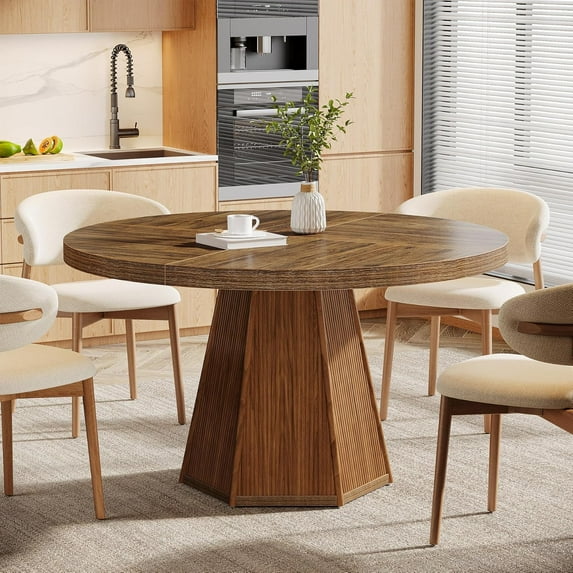 Tribesigns 47-Inch Round Dining Table for 4, Farmhouse Industrial Wooden Kitchen Table with Hexagonal Pedestal for Home Restaurant, Brown