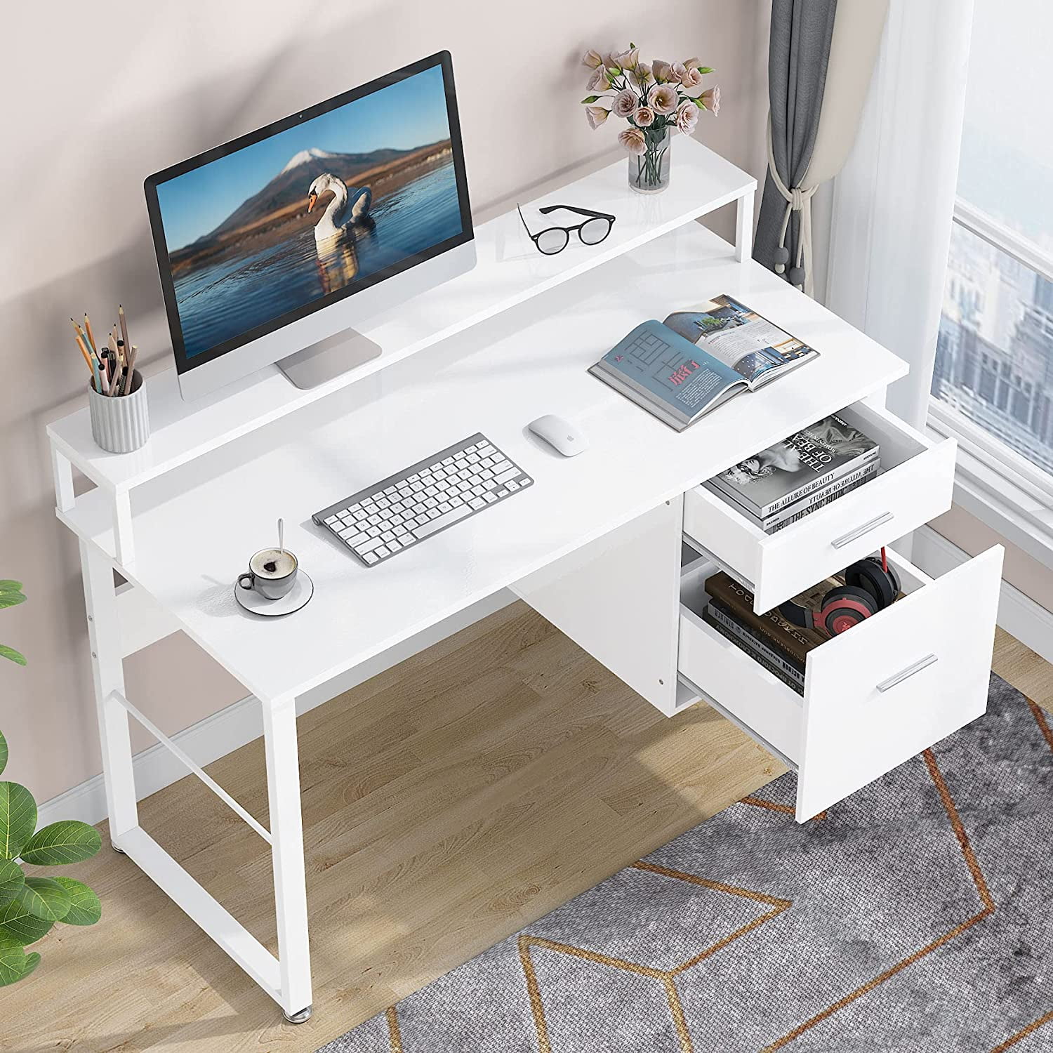 Tribesigns 47 Inches Computer Desk High Gloss White Writing Desk