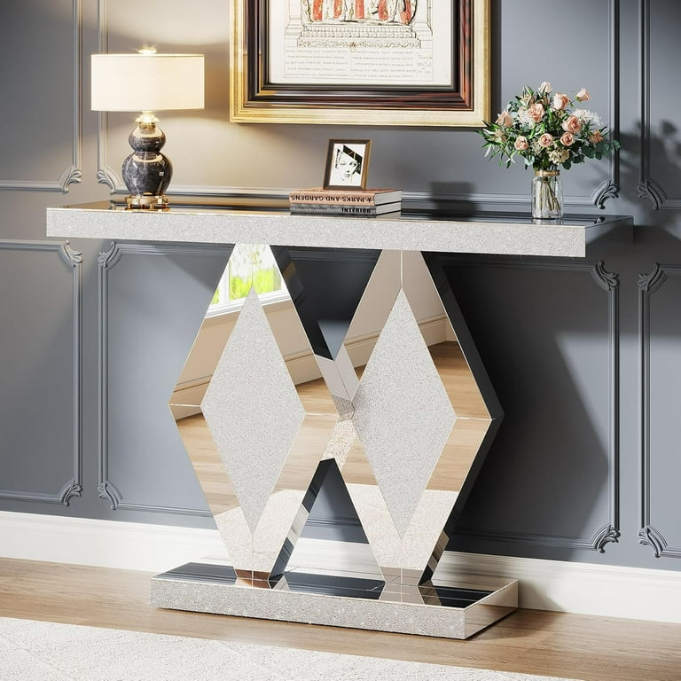 Tribesigns 47 Mirrored Console Table Modern Silver Entryway Table with Dual Diamond Base Glass Sofa Table with Mirrored Finish Long Narrow Accent