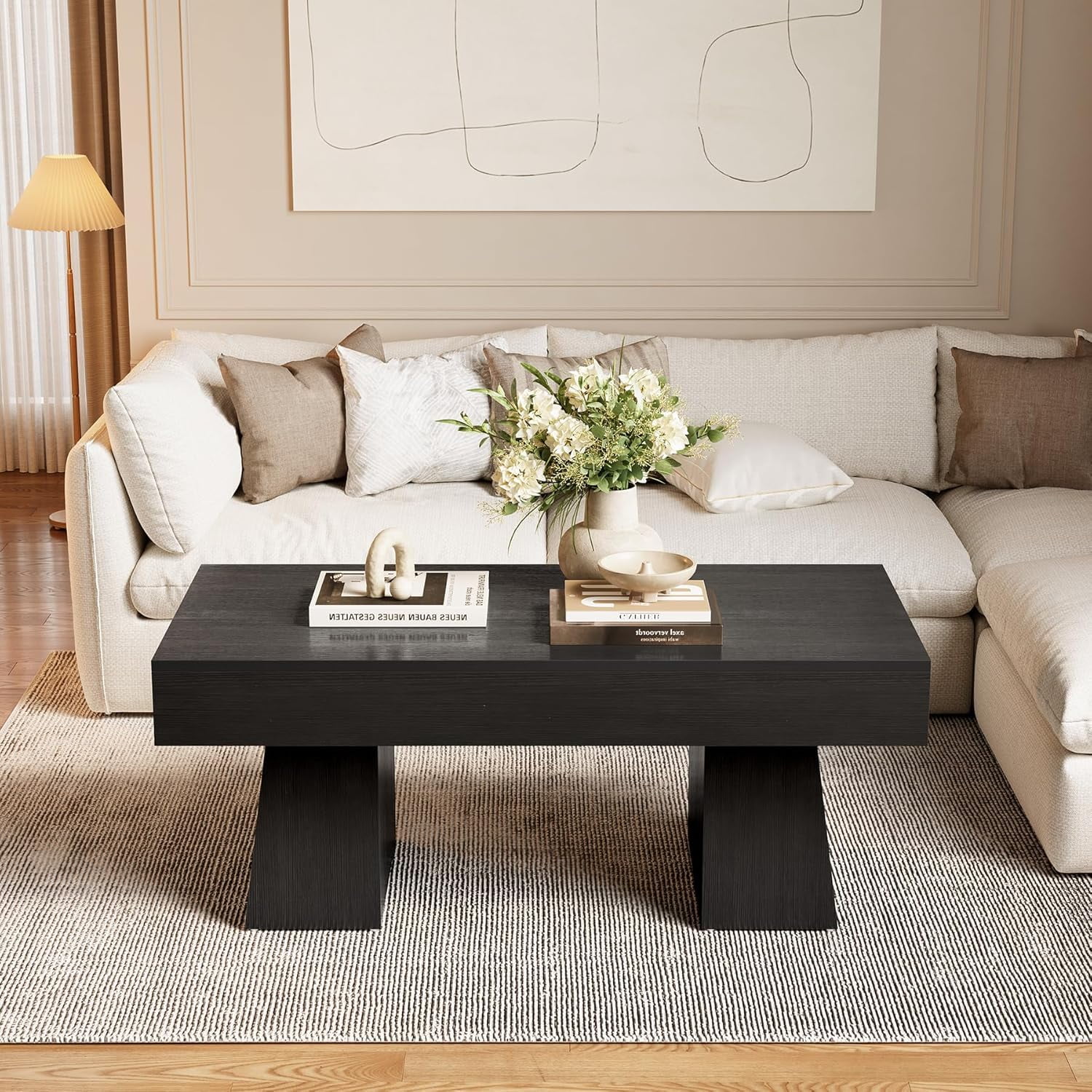 Tribesigns 47" Modern Coffee Table, Wood Rectangular Center Tables for Living Room, Black