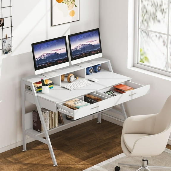 Tribesigns 47" Modern Office Desk with Storage Shelf & Drawers - Computer Writing Desk with Monitor Stand for Home Office (White)
