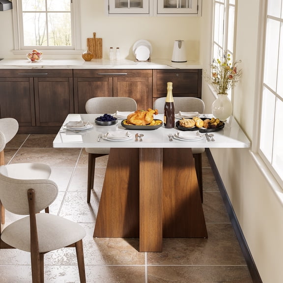 Fnova 47" Solid Wood Base Dining Table for 4-6, Rectangular Kitchen Table with Waterproof Thickened Tabletop, Modern Farmhouse Wooden Eating Table for Kitchen, Dining Room, Small Space, Walnut