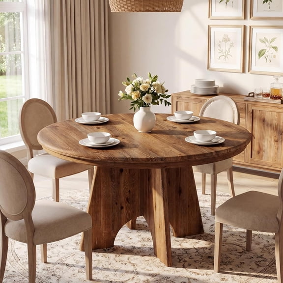 Tribesigns 47" Solid Wood Round Dining Table for 4-6 People, Farmhouse Kitchen Table for Dining Room, Kitchen, Living Room, Rustic Brown