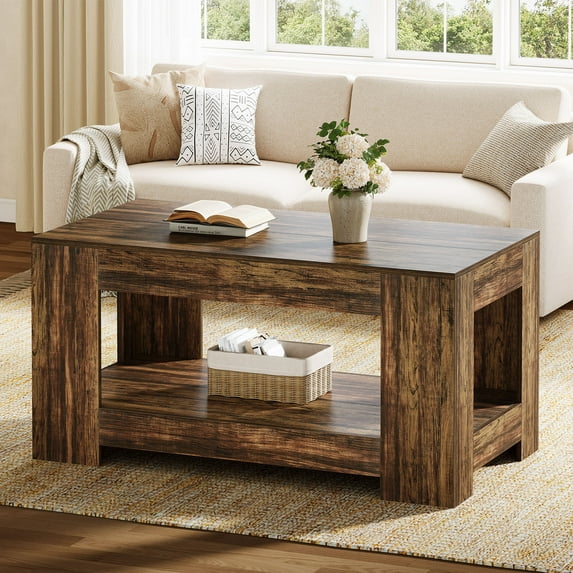 Tribesigns 47 in. Brown 2-Tier Rectangle Wood Coffee Table with Storage Shelves & Sturdy Legs for Living Room