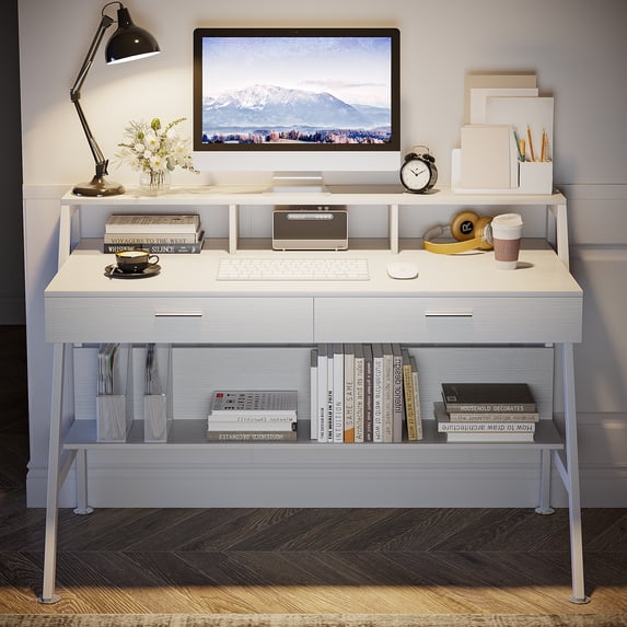 Tribesigns 47 inch Computer Desk, Modern Office Writing Desk with Storage Shelf & Drawers for Home Office, White