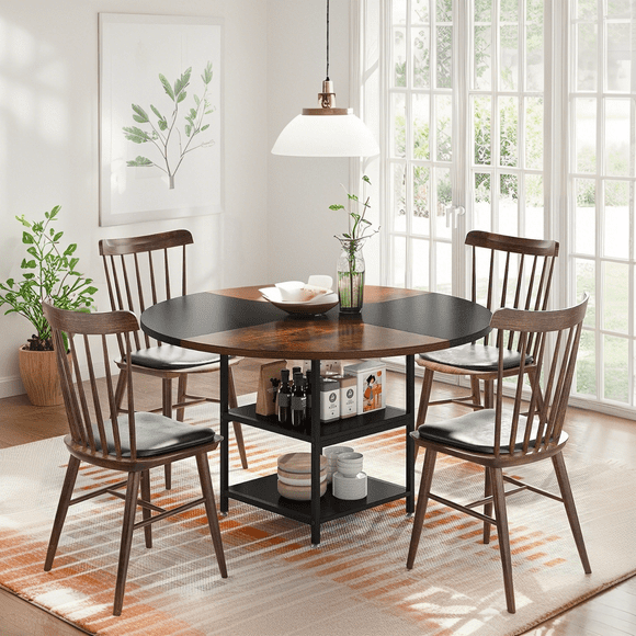 Tribesigns 47 inch Round Dining Table for 4, Wood Kitchen Dinner Table with Storage Shelf Metal Legs for Home Dining Room, Black Rustic Brown(Only Table)