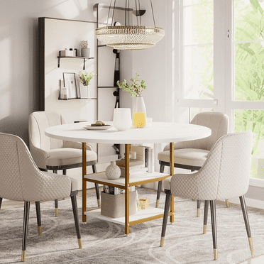 Tribesigns 47 inch Round Dining Table for 4, Wood Kitchen Dinner Table with Storage Shelf Metal Legs for Home Dining Room,White Gold(Only Table)