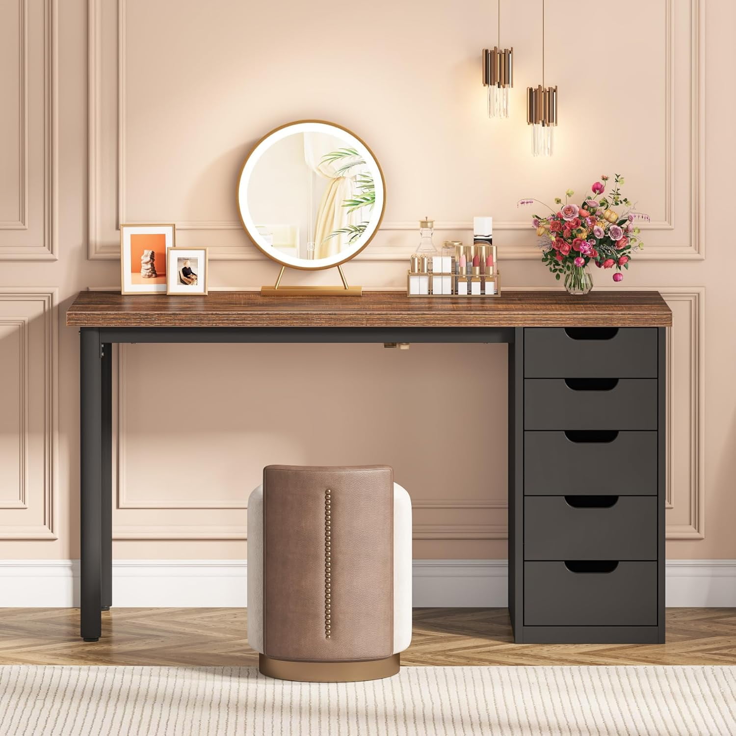 brown black dressing table Costway Industrial Vanity Makeup Dressing Table Padded Stool Set 3-Color Lighted Mirror