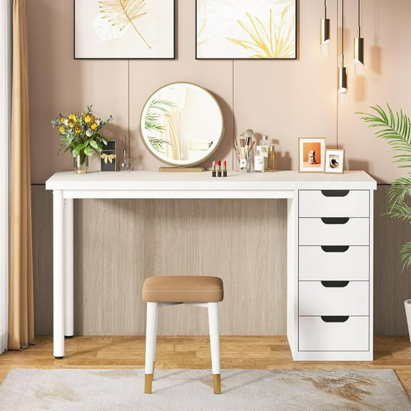 Tribesigns 47 inches Vanity Desk with 5 Drawers, Makeup Vanity Table Dressing Table with Storage, Modern Simple Computer Desk, White