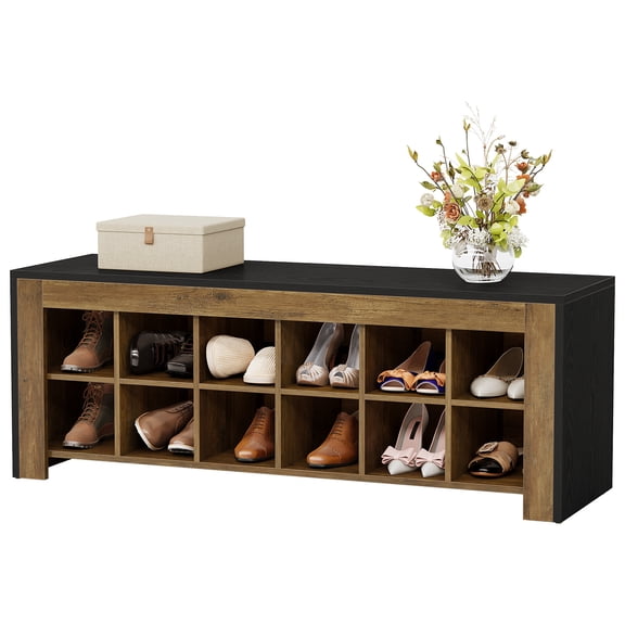 Tribesigns 48.6" Farmhouse Shoe Storage Bench With 12 Cubbies, Black Entryway Bench With Narrow Cubbies For Living Room