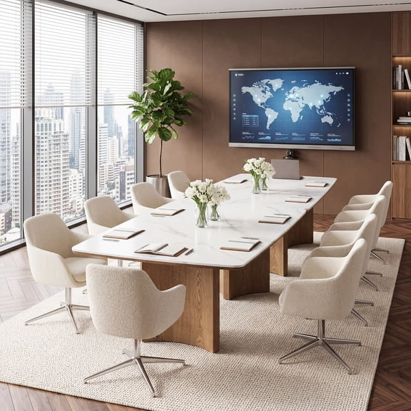 Tribesigns 5.25 ft Conference Table with White Glossy Sintered Stone Tabletop and Solid Wood Dual-Pedestal, 63" Office Meeting Table for Conference Room, Easy Assembly