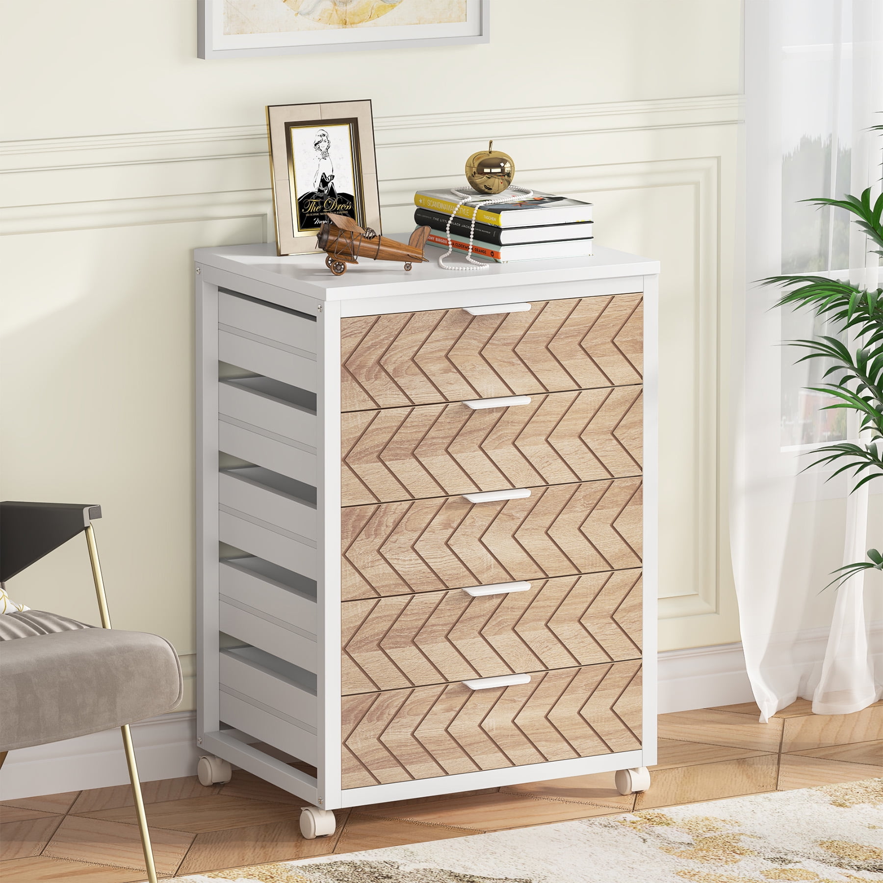 Tribesigns 5-Drawer Industrial Storage Organizer Wood Chest Dresser with Wheels, Beige & White