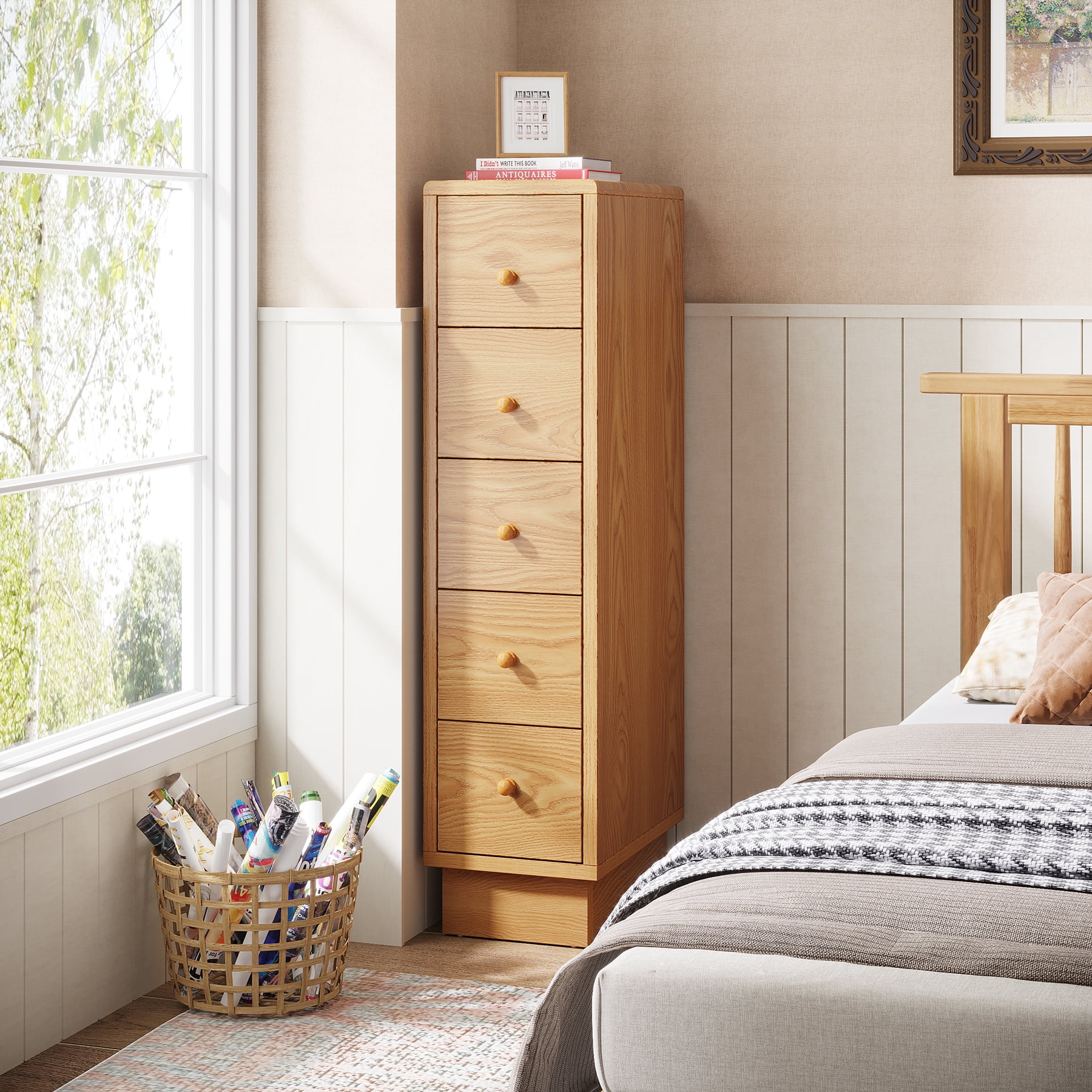 Tribesigns 5 Drawer Dresser Narrow Samll Dresser Chest of Drawers for Bedroom Oak