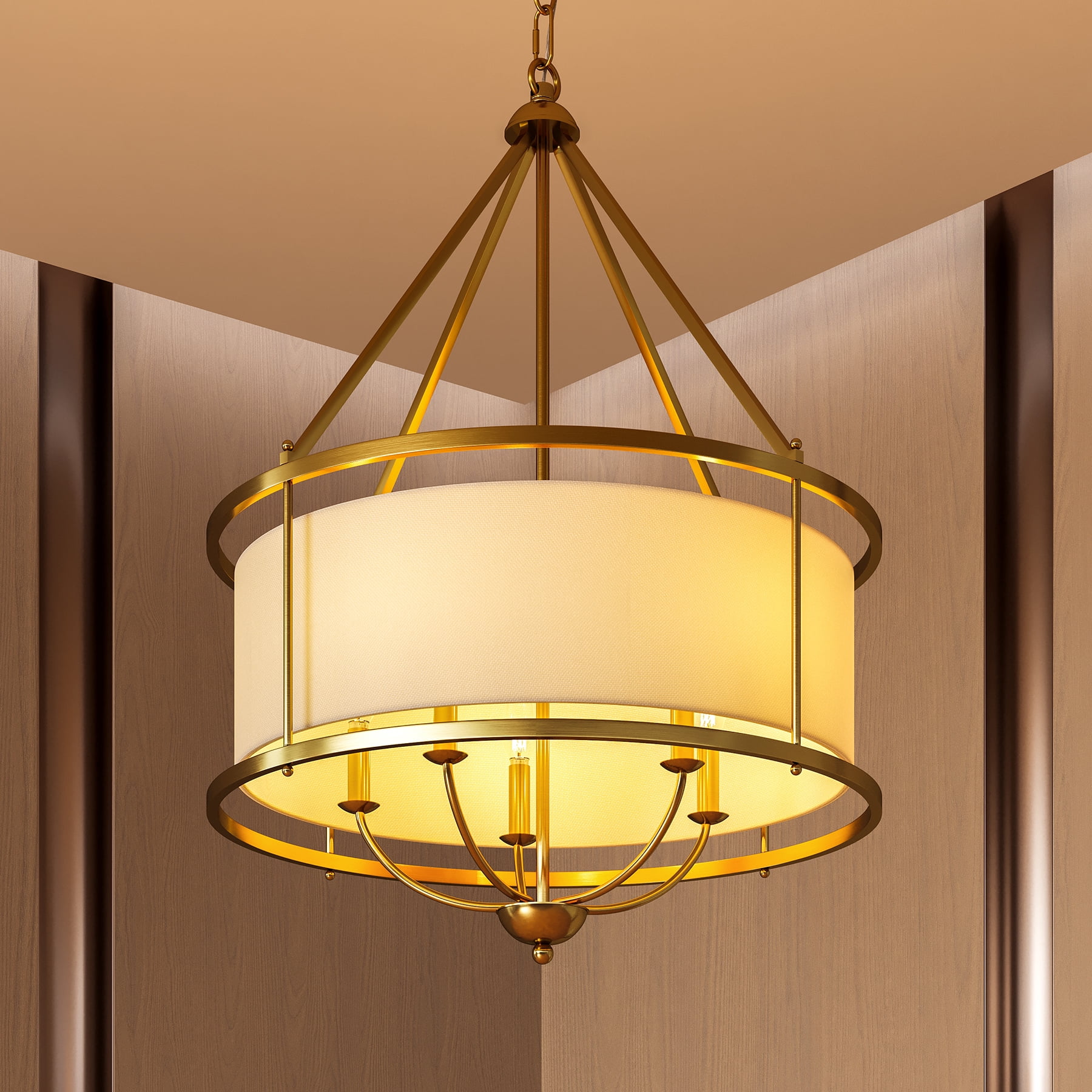 Tribesigns 5-Light Pendant Light with Drum Fabric Lampshade, Height-Adjustable Hanging Light Fixture, Modern Chandelier for Living Room, Dining Room, Bedroom, Staircase