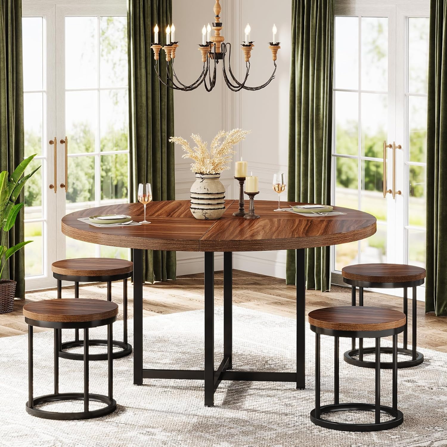 Tribesigns 5-Piece Dining Room Set with 47" Table & 4 Stools - Farmhouse Style Metal Frame - Walmart.com
