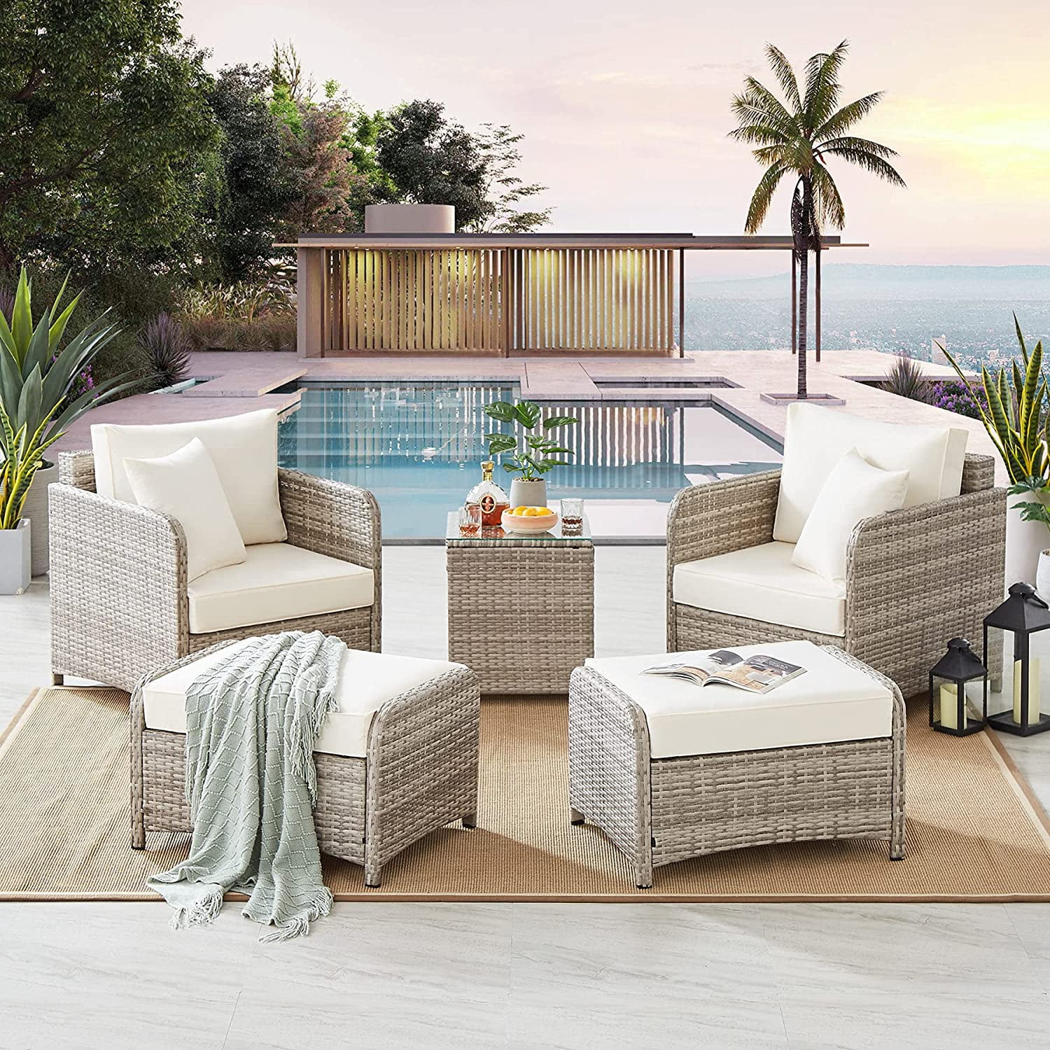 Tribesigns 5 Pieces Patio Chairs with Ottoman Outdoor Rattan