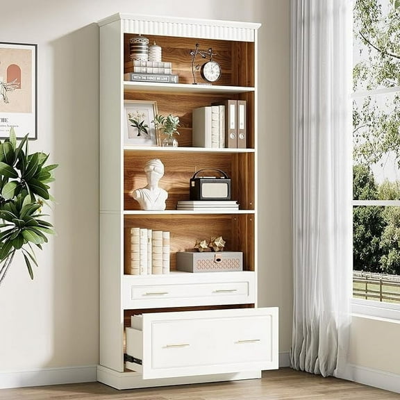 Finmind 5-Shelf Bookcase with File Storage Drawer, 72" Tall White Bookshelf for Home Office