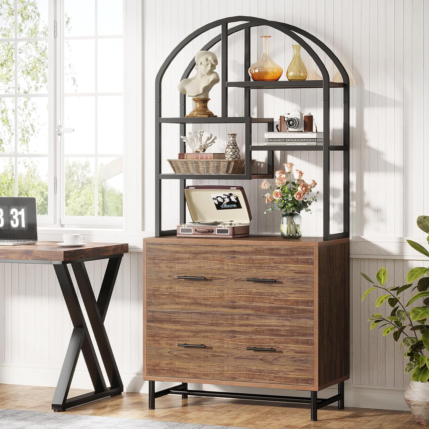 Tribesigns 5 Tier Arched Bookshelf, Industrial Bookcase with File