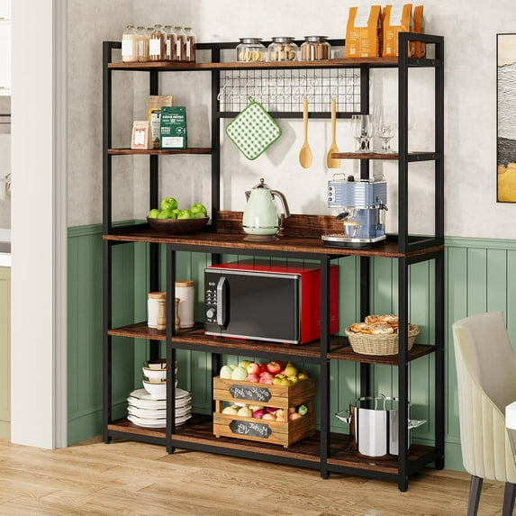 Tribesigns 5-Tier Bakers Rack: 55" Wide Kitchen Storage Shelf, Microwave Stand with Metal Frame, Coffee Bar Station with 11 Hooks, Rustic Brown