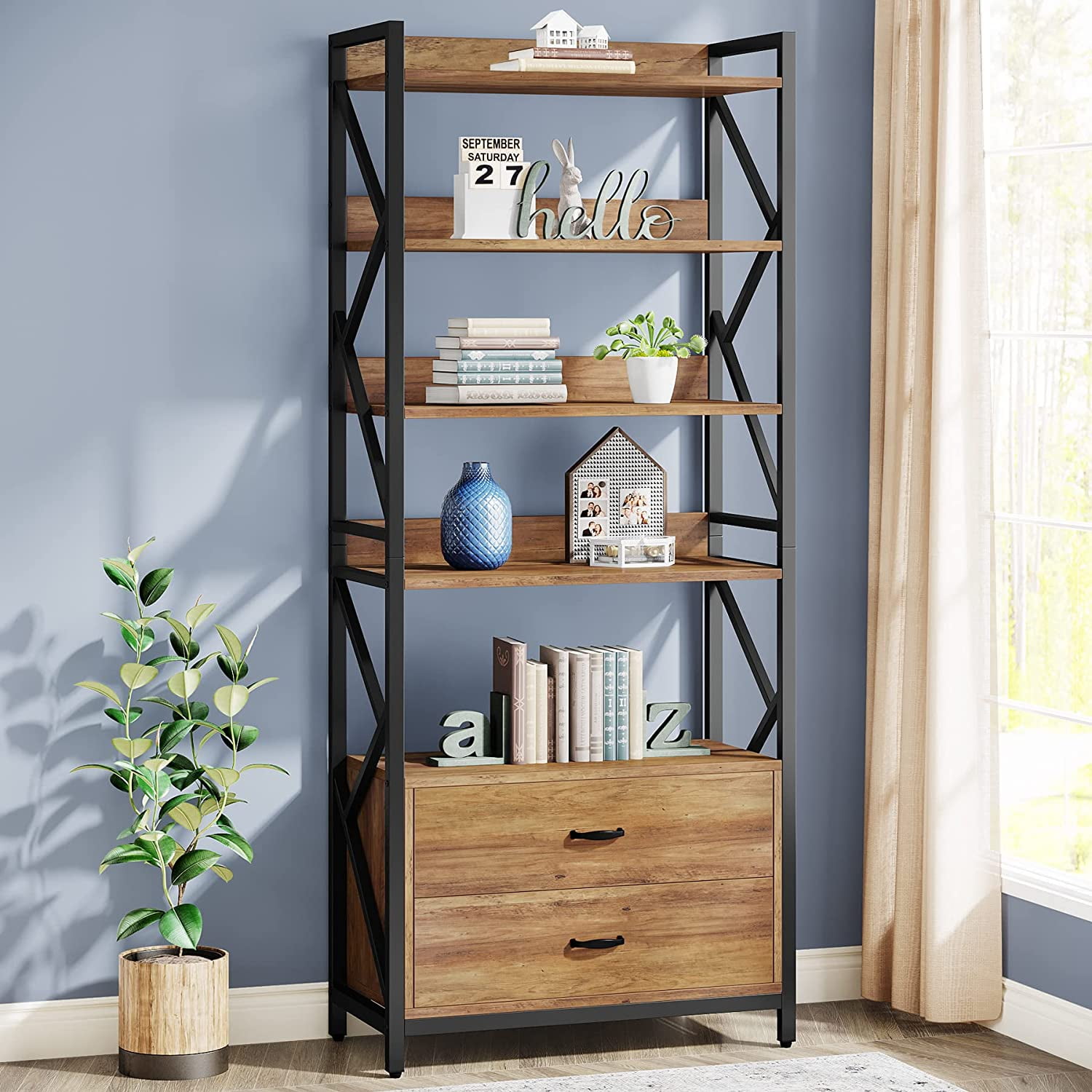 Tribesigns 5-Tier Bookshelf, 70.86 in. Industrial Bookcase with 2 Drawers for Living Room, Bedroom, Home, Office