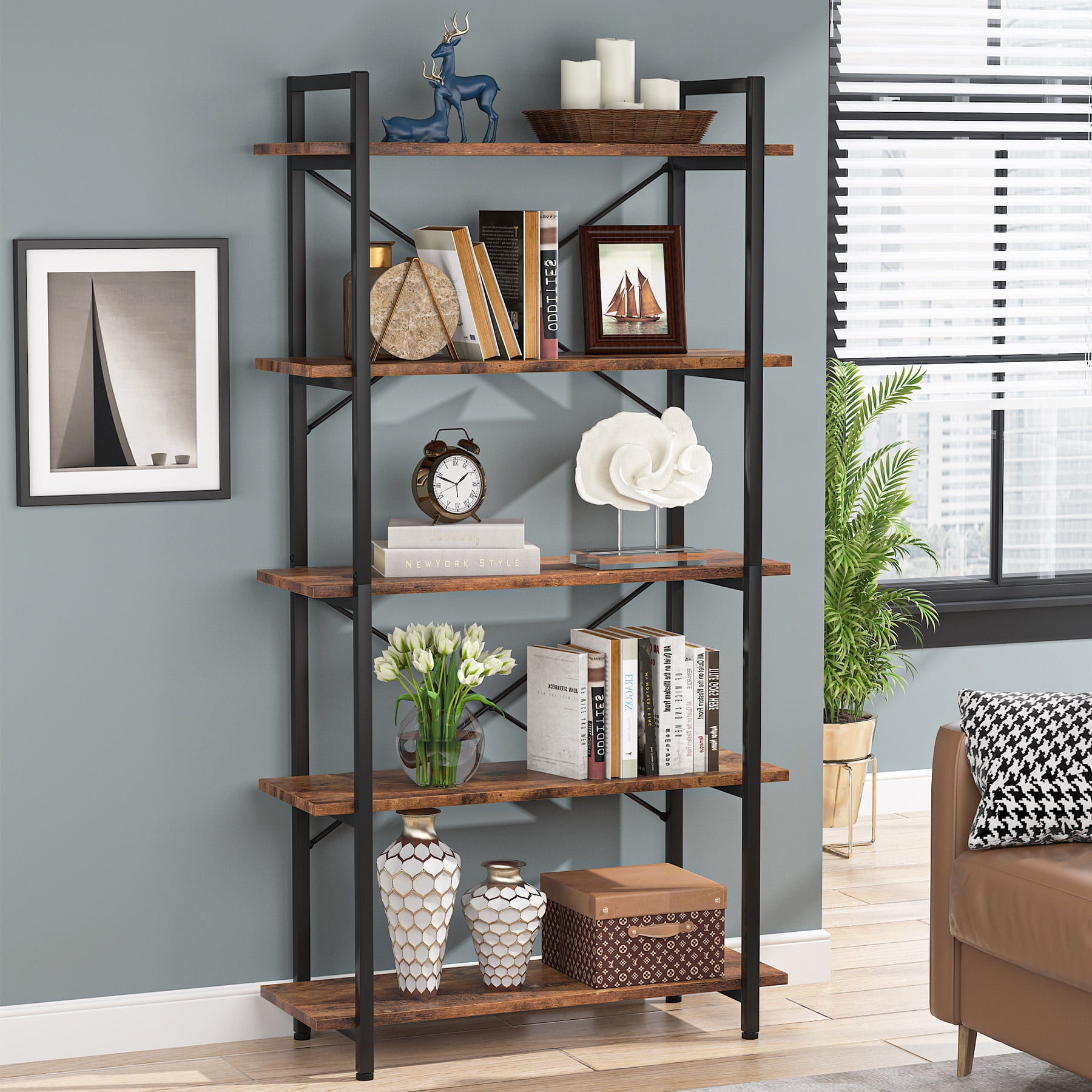 Rustic Brown 5-Tier Industrial Wood and Metal Bookshelf