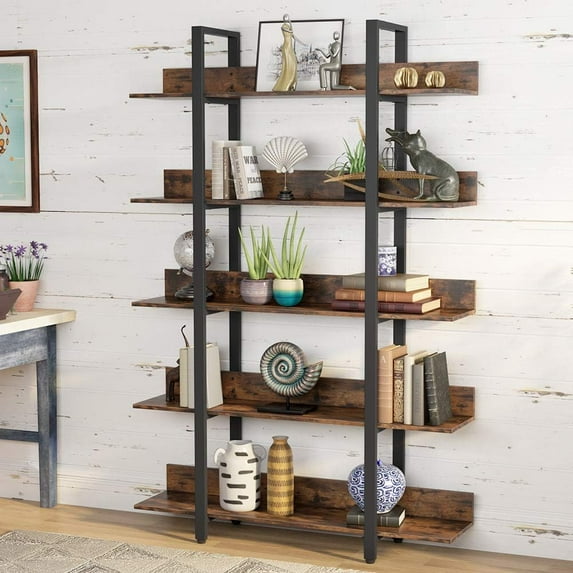 Tribesigns 5-Tier Bookshelf, Industrial 5-Shelf Etagere Bookcase, Freestanding Vintage Open Storage Display Shelf Unit, Wood Look Furniture for home office study