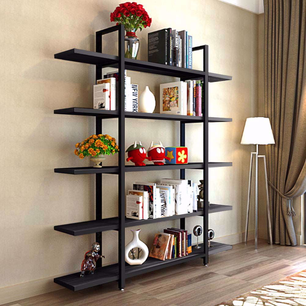 Black Adjustable 5-Tier Laminated Bookshelf with Steel Frame