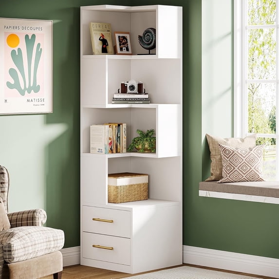 Tribesigns 5-Tier Corner Bookshelf with 2 Drawers, 66.9-Inch Tall Corner Bookcase, Modern Simple Corner Storage Cabinet Display Shelf for Living Room, Home Office, Beige