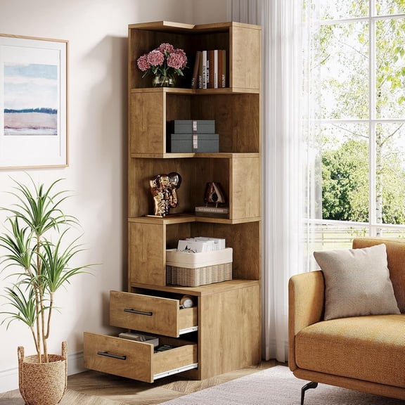 Tribesigns 5-Tier Corner Bookshelf with 2 Drawers, 66.9-Inch Tall Corner Bookcase, Modern Simple Corner Storage Cabinet Display Shelf for Living Room, Home Office, OAK