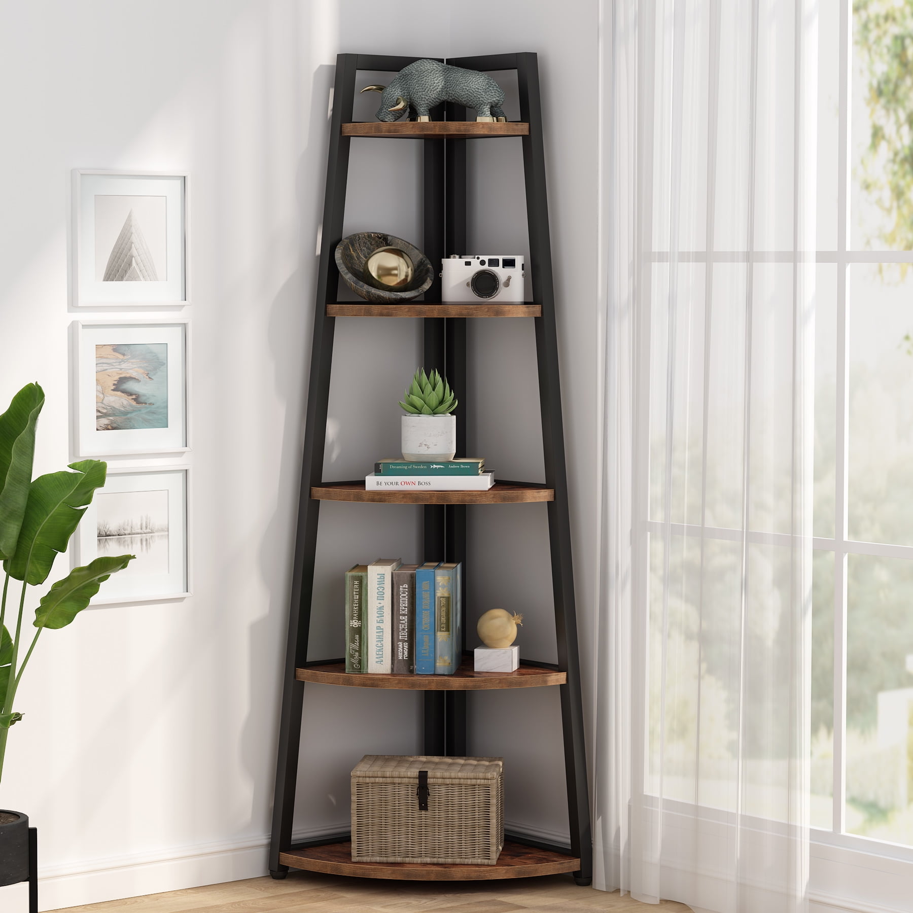 Brown 70-Inch Industrial Corner Ladder Bookshelf