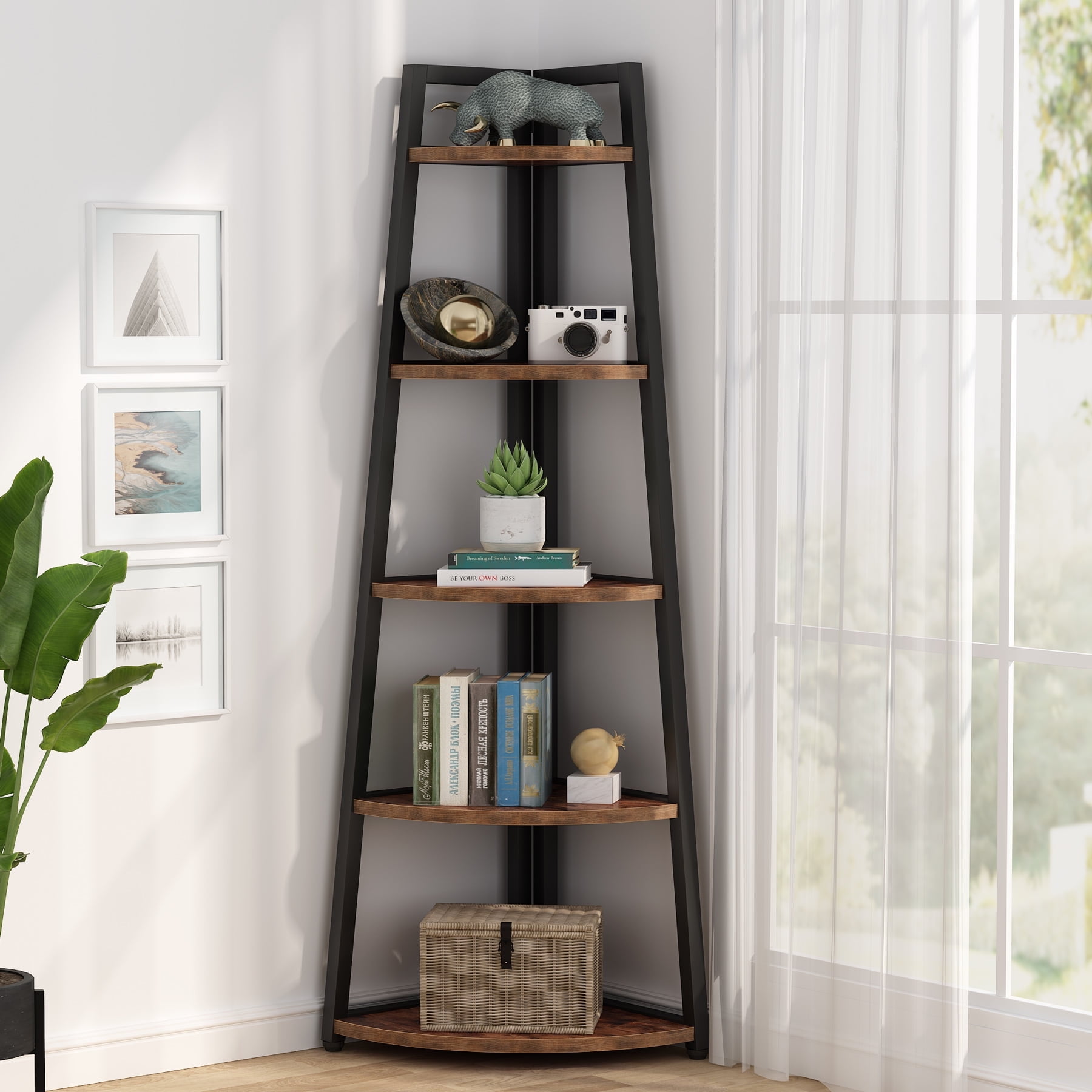 Brown 70-Inch Industrial Corner Ladder Bookshelf