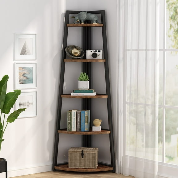 Tribesigns 5 Tier Brown Corner Bookshelf, 70 inch Tall Corner Ladder Shelf