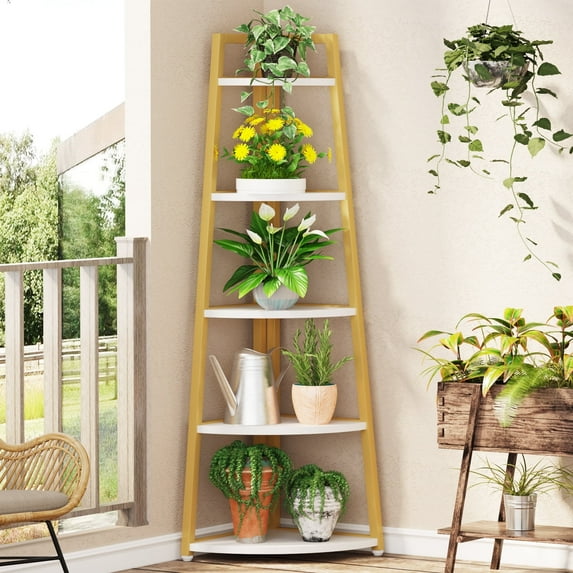 Tribesigns 5 Gold Tier Corner Bookshelf, 70 inch Tall Corner Ladder Shelf
