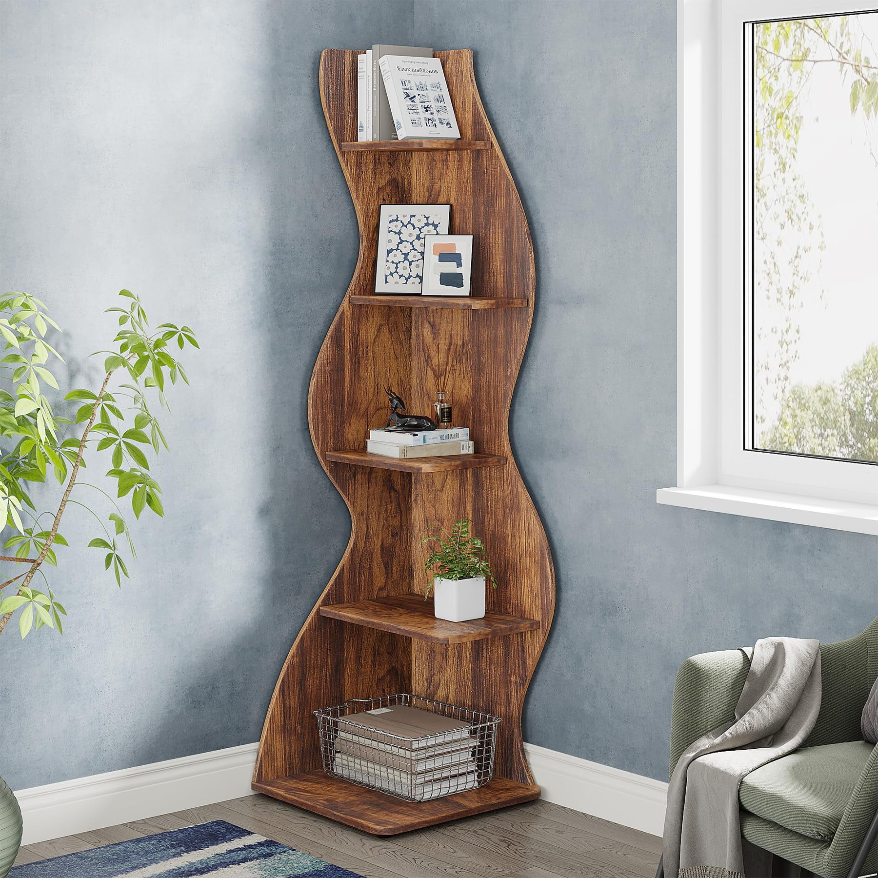 Arhab Brown 5-Tier Wave Corner Bookcase