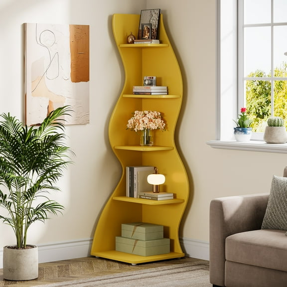 Tribesigns 5-Tier Corner Shelf – Modern Wall Bookshelf & Storage Rack for Plants (Yellow)