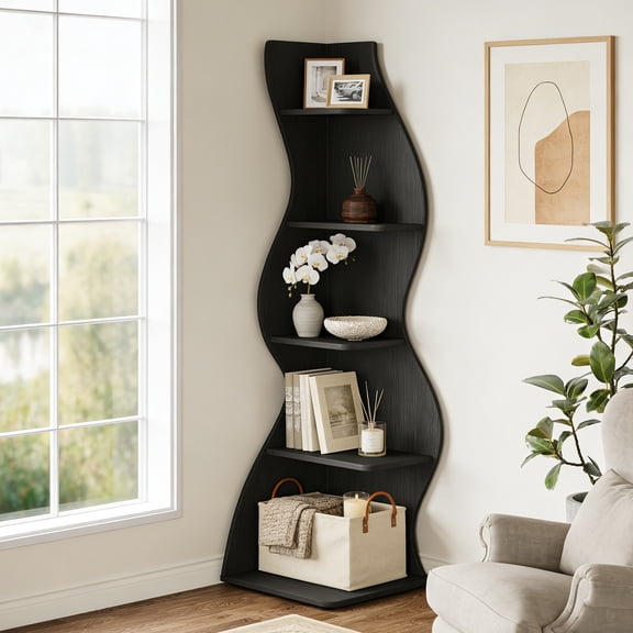Tribesigns 5-Tier Corner Shelf, Modern Wavy Corner Bookshelf for Small Space, Living Room, Bedroom (Black)