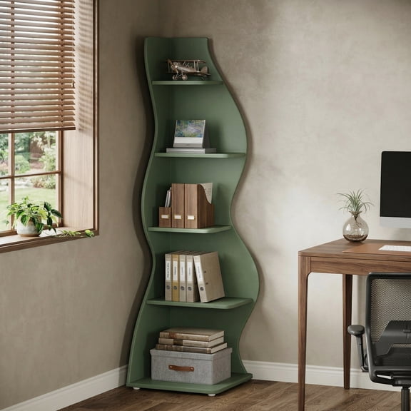 Tribesigns 5-Tier Corner Shelf, Modern Wavy Corner Bookshelf for Small Space, Living Room, Bedroom (Green)