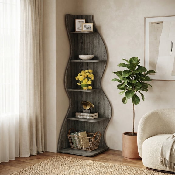 Tribesigns 5-Tier Corner Shelf, Modern Wavy Corner Bookshelf for Small Space, Living Room, Bedroom (Grey)