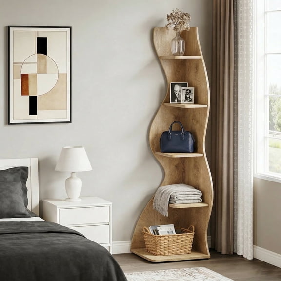 Tribesigns 5-Tier Corner Shelf, Modern Wavy Corner Bookshelf for Small Space, Living Room, Bedroom (Light Brown)