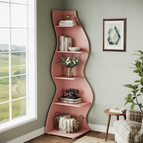 Tribesigns 5-Tier Corner Shelf, Modern Wavy Corner Bookshelf for Small Space, Living Room, Bedroom (Pink)