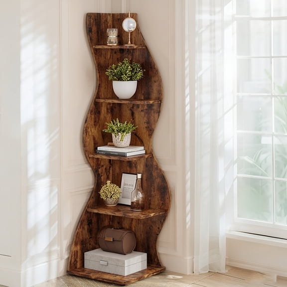 Tribesigns 5-Tier Corner Shelf, Modern Wavy Corner Bookshelf for Small Space, Living Room, Bedroom (Brown)