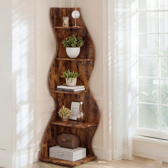 Tribesigns 5-Tier Corner Shelf, Modern Wavy Corner Bookshelf for Small Space, Living Room, Bedroom (Brown)