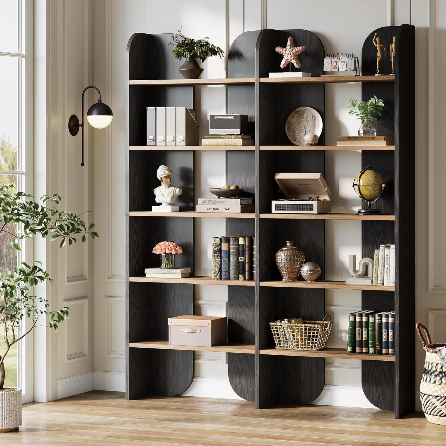 Tribesigns 5-Tier Farmhouse Bookshelf, 70.87-Inch Tall Double Wide Bookcase with Open Shelves