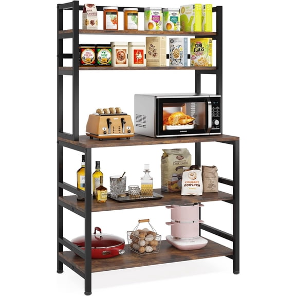 Tribesigns 5-Tier Kitchen Bakers Rack with Hutch, Industrial Microwave Oven Stand, Free Standing Kitchen Utility Cart Storage Shelf Organizer (Rustic Brown)