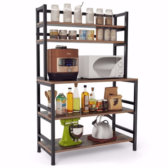 Tribesigns 5-Tier Kitchen Bakers Rack with Hutch, Industrial Microwave Oven Stand, Free Standing Kitchen Utility Cart Storage Shelf Organizer (Rustic Brown)